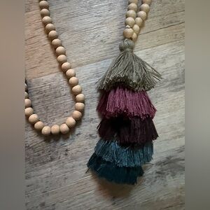 Wooden Bead Necklace with Multicolor Tassels